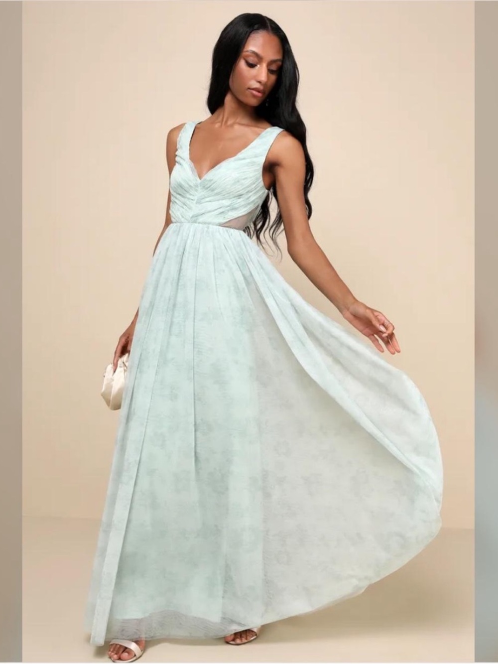 Lulus Blissful Poise Sage Green Floral Mesh Pleated Cutout Maxi Dress.